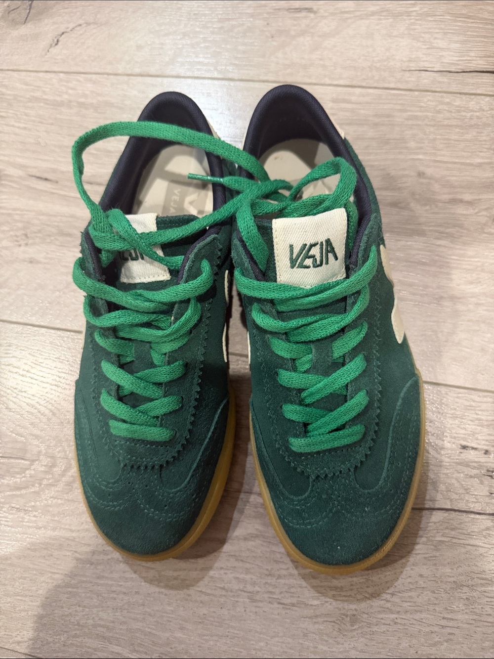 Veja Green Suede Sneakers with Cream Logo and Gum Sole